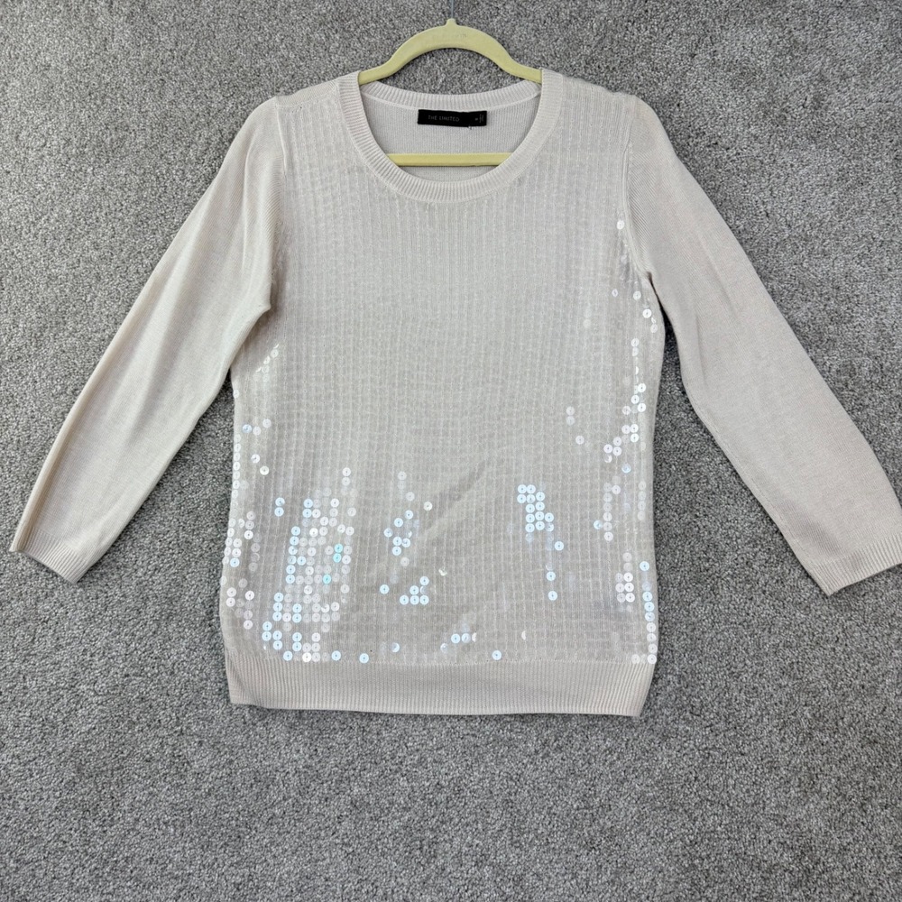 The Limited Sequin Front Sweater Size M Beige Crew Neck Holiday Party